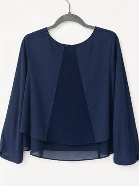 Zara Basic Navy Layered Chiffon Blouse Long Sleeve Flow Top